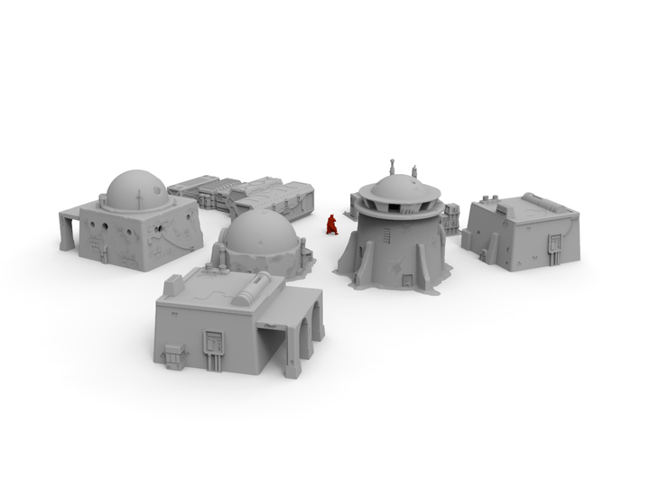 rear view of sci fi desert themed terrain buildings and red unit
