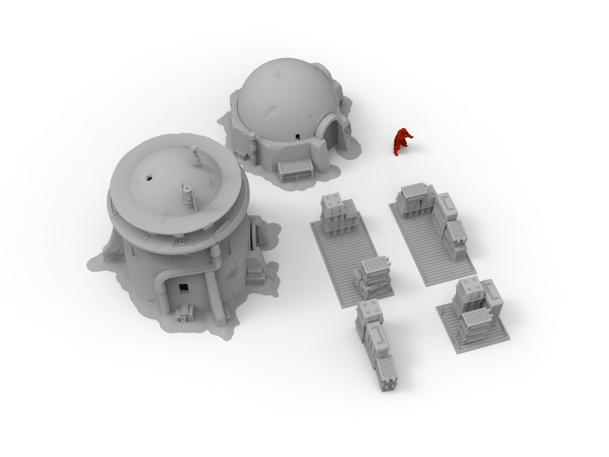 top view, sci fi desert terrain weathered gray sci fi desert tower, desert house, crate pallet terrain buildings, red miniature