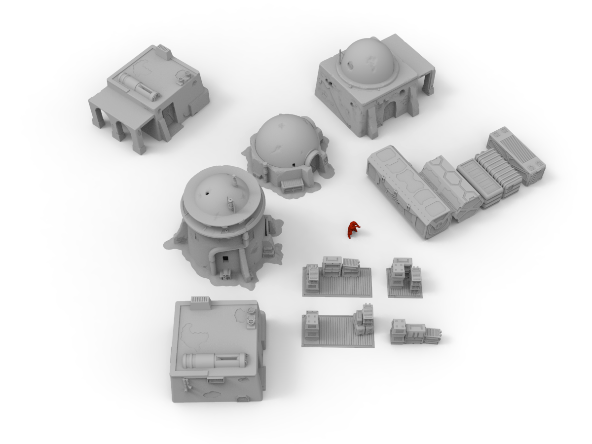rooftop view of sci fi desert themed terrain buildings and red unit, weathered and textured