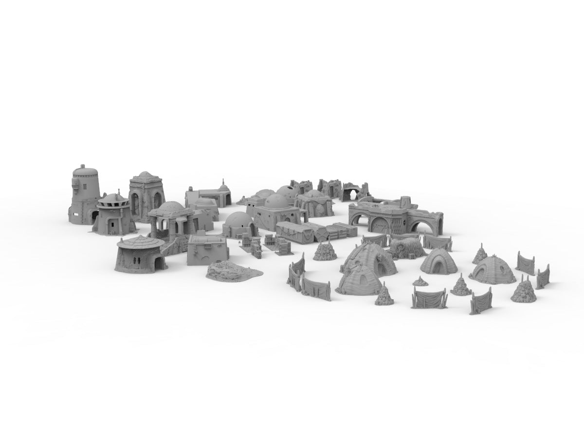 side angle view sci fi desert huts, market, towers, altars