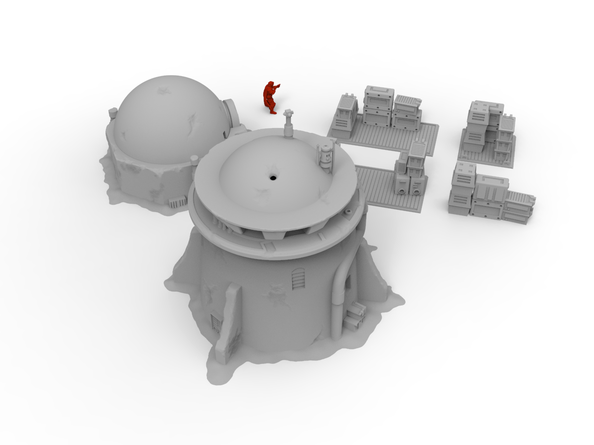 sci fi desert terrain top view desert tower, desert house, crate pallet terrain buildings, red miniature
