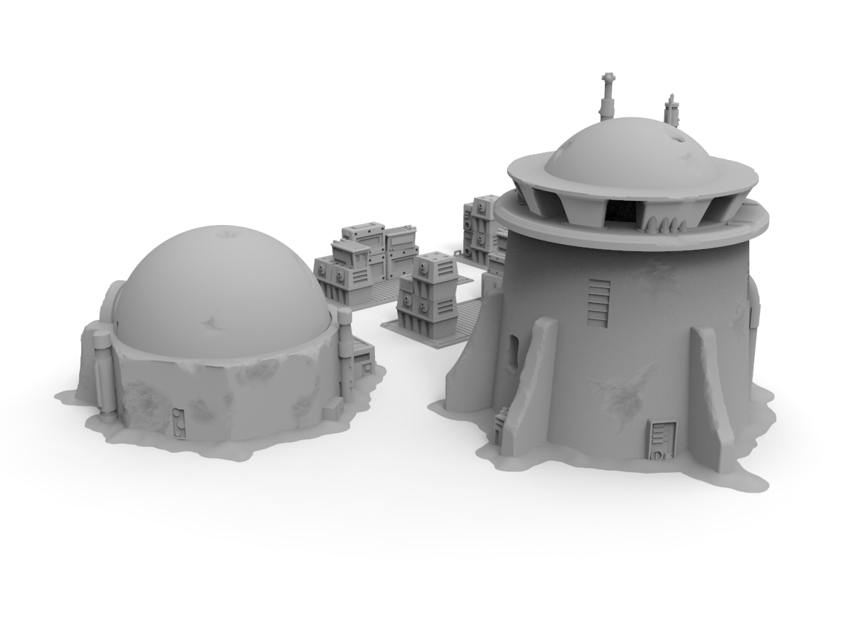 sci fi desert terrain tower rooftop pipes, electrical panels, storage crates, desert house