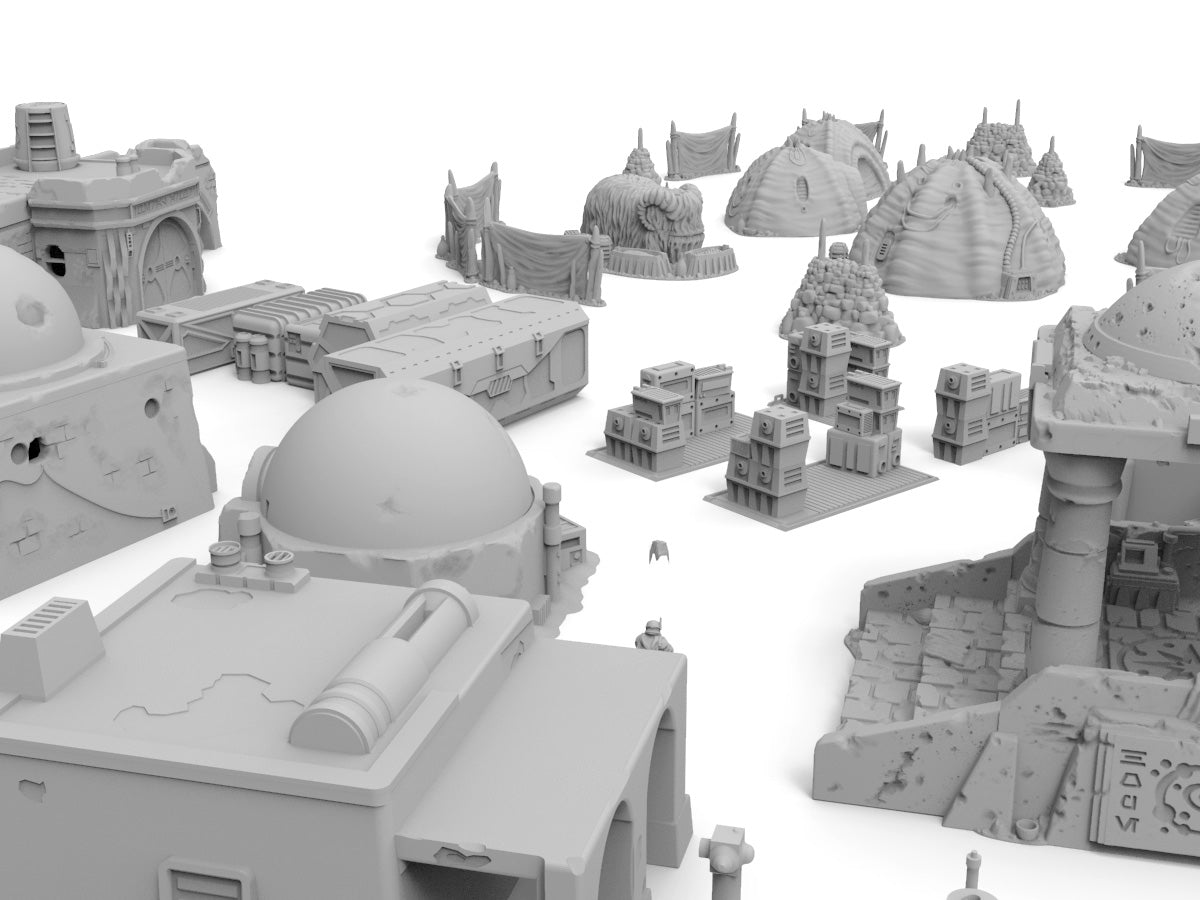 sci fi desert terrain huts, sci fi horned wooly animal
