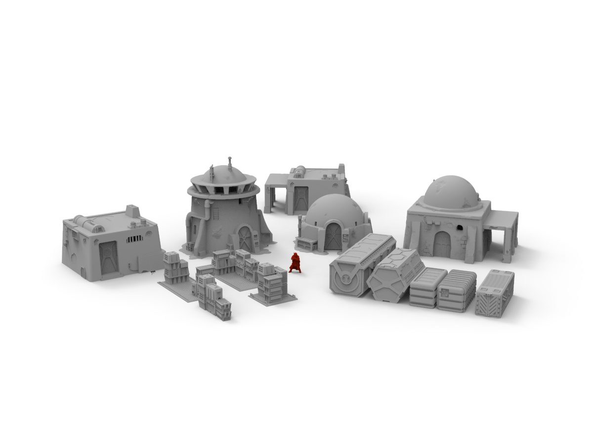 Sci Fi desert terrain buildings, desert tower, desert house, urban dwellings, cargo containers, crate pallets, mos buildings