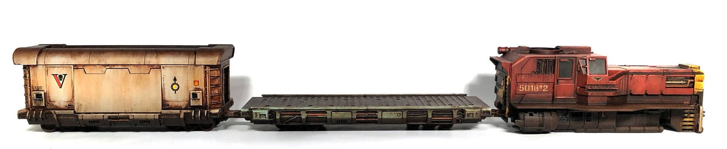 28mm warhammer 40K land train flatbed car and boxcar side view