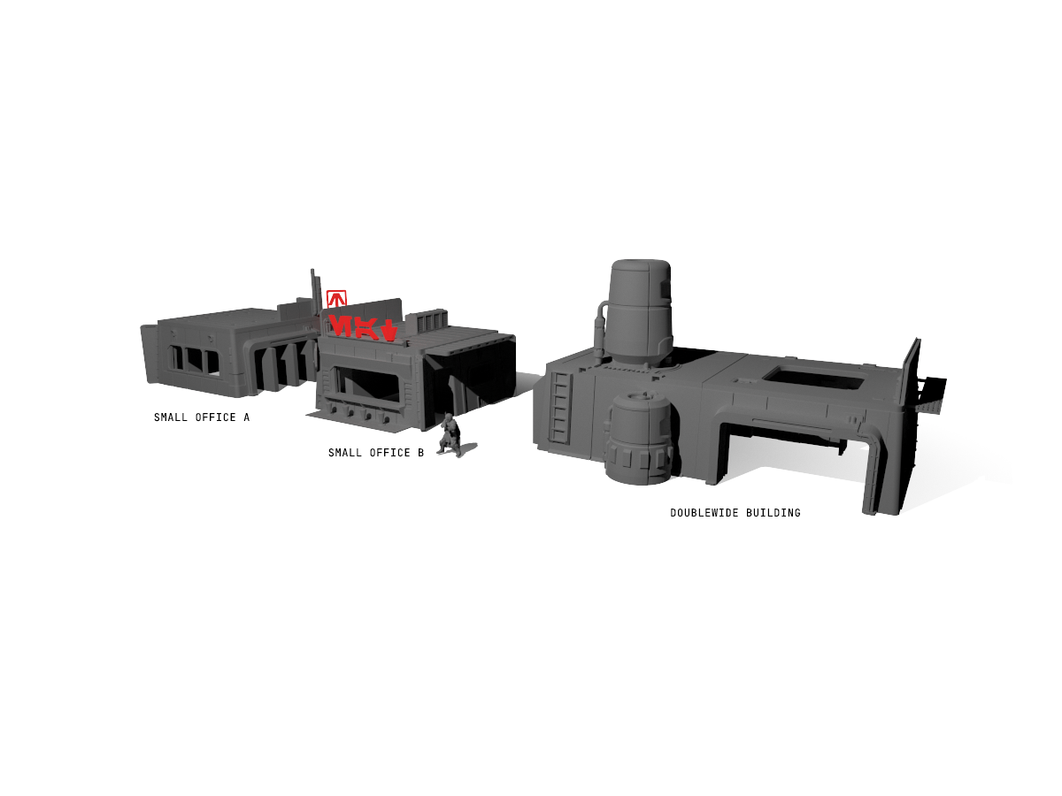 two small office buildings and the doublewide building in the city terrain stl bundle