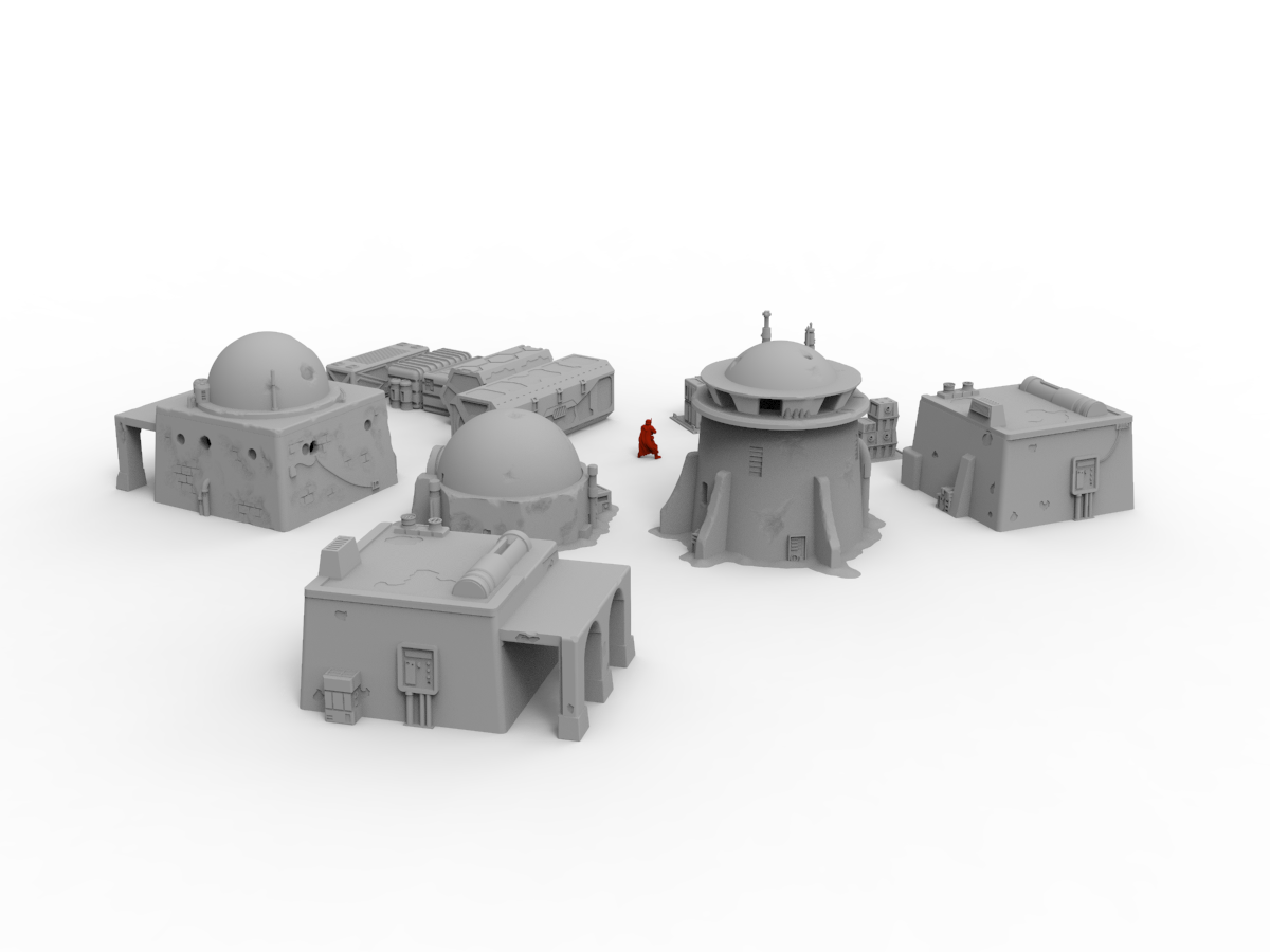 sci fi desert themed terrain buildings and red unit