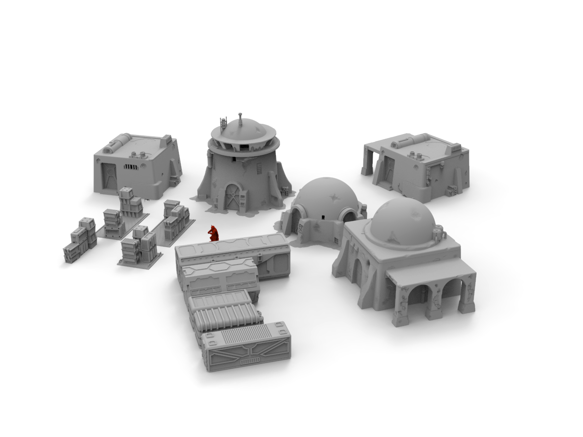 sci fi desert themed terrain buildings, cargo containers, storage crate pallets