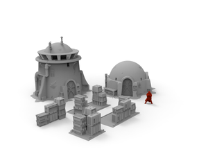 gray sci fi desert terrain desert tower, desert house, crate pallet terrain buildings, red miniature