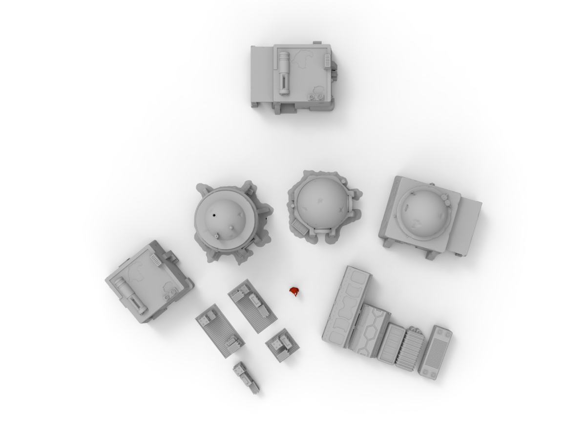 arial view of sci fi desert themed terrain buildings and red unit