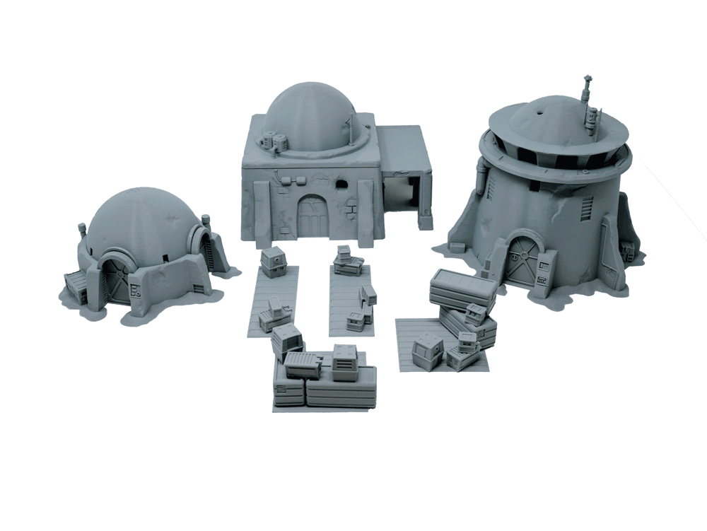 weathered desert house, tower, crates and mos building for star wars legion gameplay