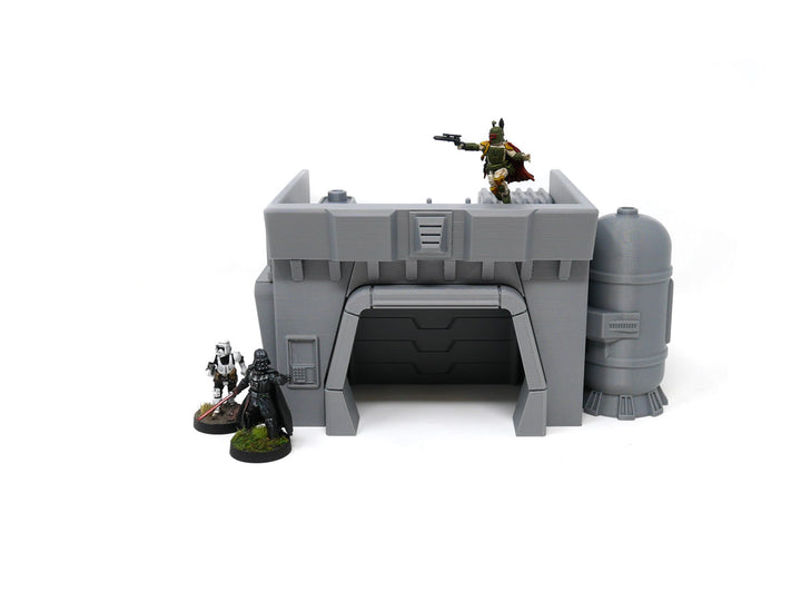 sci fi urban terrain building, star wars legion game miniature  boba fet on rooftop, stormtrooper, darth vadar breeching doorway