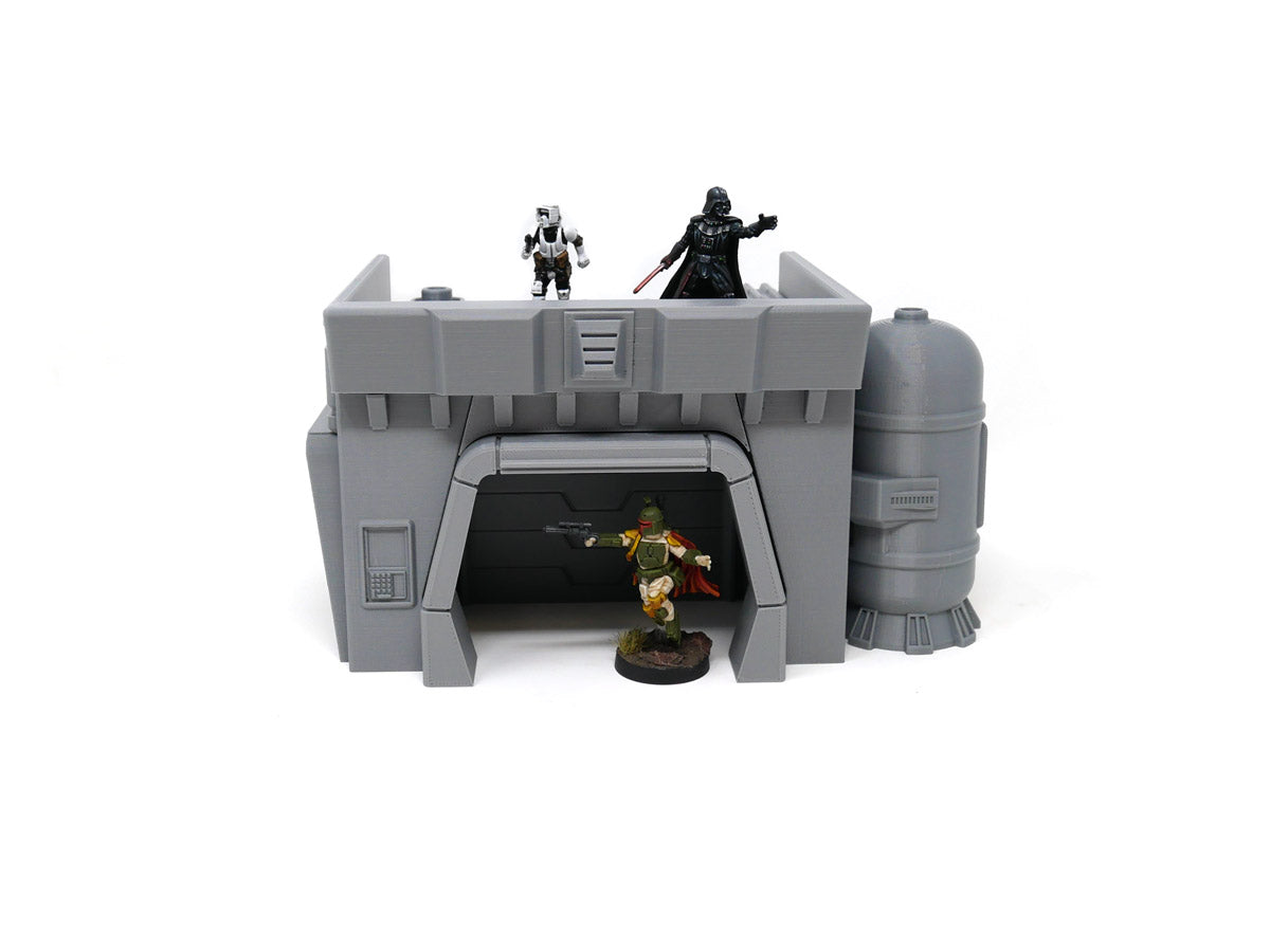 sci fi urban terrain building, star wars legion game miniature stormtrooper, darth vadar on rooftop, boba fet miniature in doorway