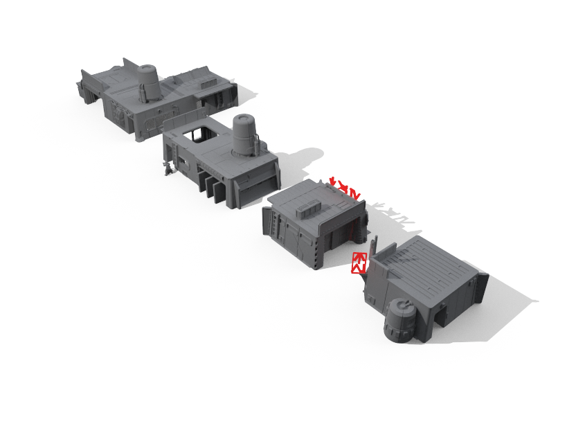 four different building configurations from the wargaming city terrain bundle set