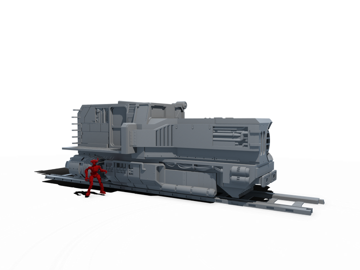 sci fi train engine and red droid